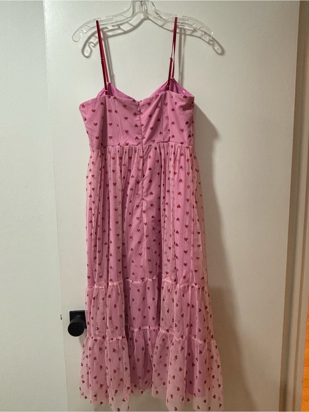 Betsey Johnson Pink Tiered Heart-Print Spaghetti Strap Dress